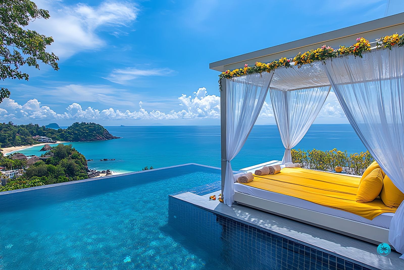 Ekskluzywny taras z baldachimem i widokiem na turkusowy ocean — idealne miejsce na luksusowy wypoczynek